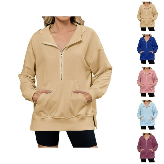 Womens Tops Women's Solid Color Sweatshirt Women's Zip Up Hoodie Pullover Casual Long Sleeve Full Zip Jacket With Stand Collar For Daily Wear All Season Comfort