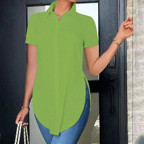 Womens Tops Women's Solid Color Tops Casual Short Sleeve Slim Button Down Shirt Shirts for Women