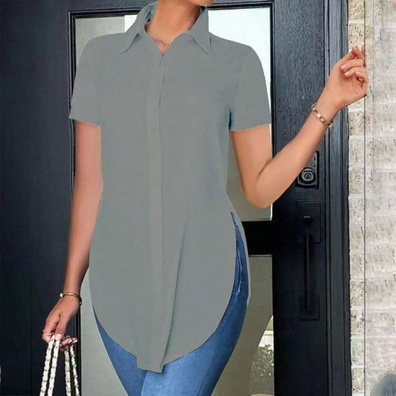 Womens Tops Women's Solid Color Tops Casual Short Sleeve Slim Button Down Shirt Shirts for Women