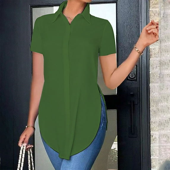 Womens Tops Women's Solid Color Tops Casual Short Sleeve Slim Button Down Shirt Shirts for Women