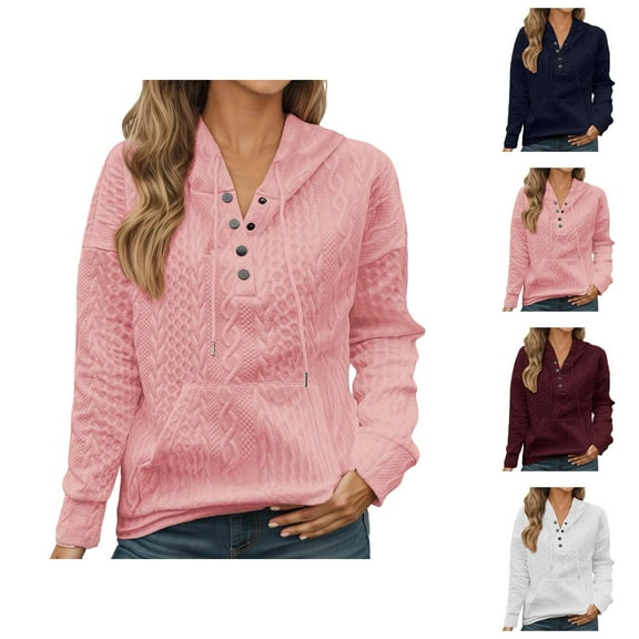 Womens Tops Women's Solid Sweatshirt Women's Casual Knit Jacquard Long Sleeve Loose Fit Hoodie Sweatshirt Comfortable Pullover For Everyday Wear