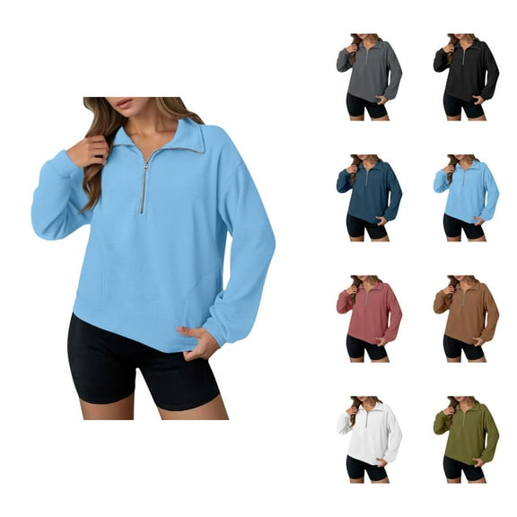 Womens Tops Women's Solid Sweatshirt Women's Zip Up Sweatshirt Casual Long Sleeve Pullover Tops Stand Collar Loose Fit Basic Solid Color Outerwear For Daily Wear Fall Fashion