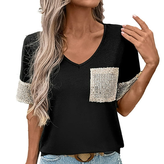 Womens Tops, Women's Sparkly Sequin T Shirt V Neck Short Sleeve Pocket Casual Summer Tops