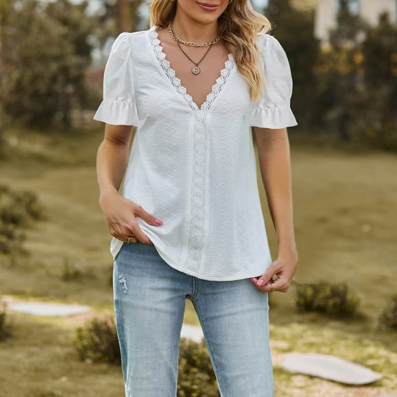 Womens Tops Women's Spring 2025 New T Shirt V Neck Lace Splicing Short Sleeve Top Shirts for Women