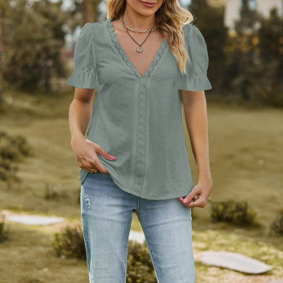 Womens Tops Women's Spring 2025 New T Shirt V Neck Lace Splicing Short Sleeve Top Shirts for Women