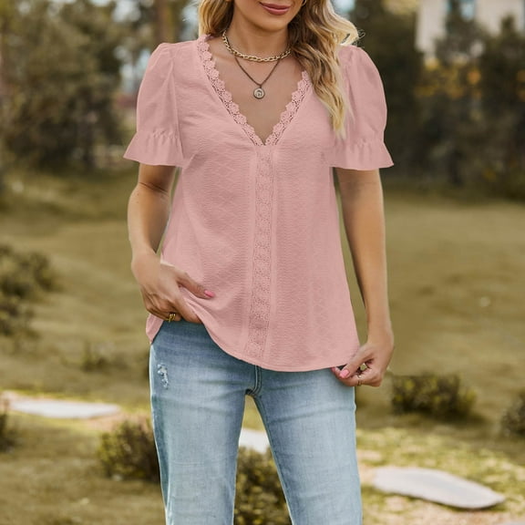 Womens Tops Women's Spring 2025 New T Shirt V Neck Lace Splicing Short Sleeve Top Shirts for Women