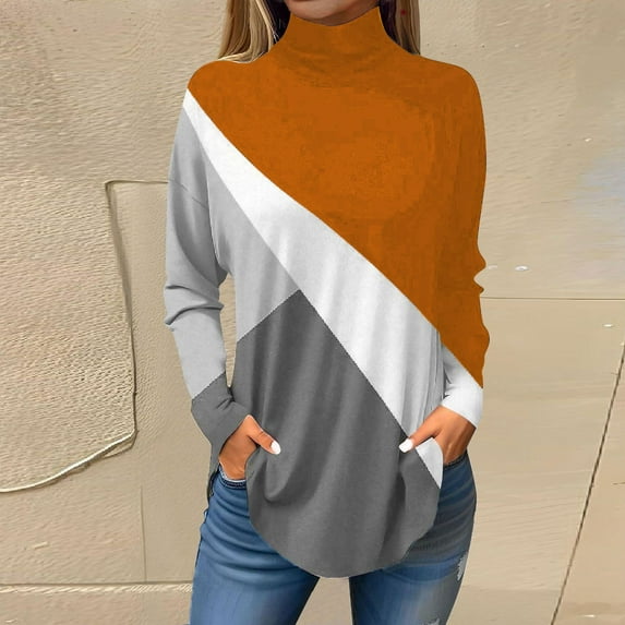 Womens Tops Women's Spring High Collar Color Blocked Loose Casual Long Sleeve T Shirt Shirts for Women