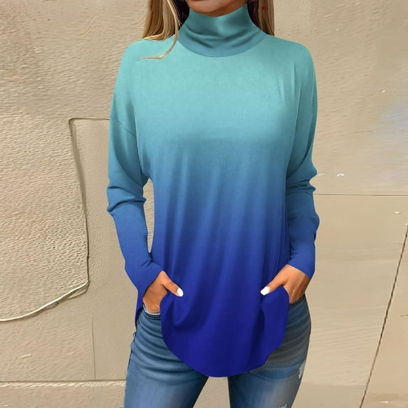 Womens Tops Women's Spring High Neck Gradient Loose Casual Long Sleeve T Shirt Shirts for Women