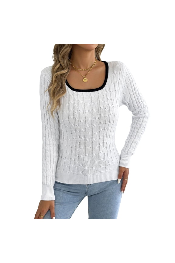 Womens Tops, Women's Square Neck Sweater Long Sleeve Cable Knitted Slim Pullover Shirts Casual Stylish Travel Lounge Blouses