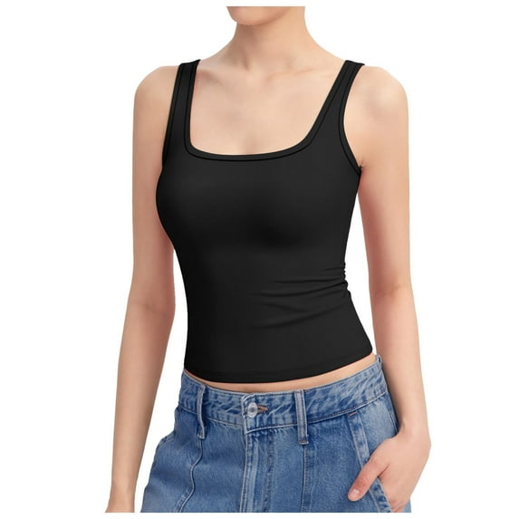 Womens Tops Women's Square Neck Tank Top Sleeveless Double Lined Basic Tops Womens Camisoles with Shelf Bra Camisole Bra Ladies Lace Camisoles for Women Thick Strap Camisole Half Lace Black XXL