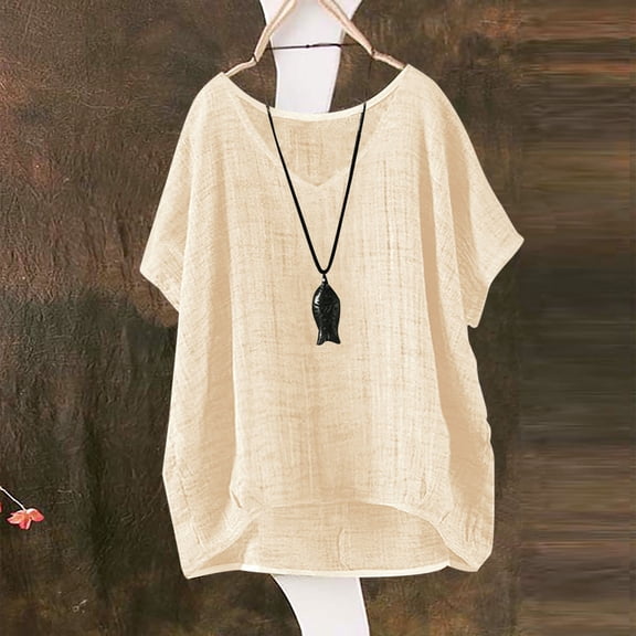 Womens Tops Women's Summer Short Sleeve Solid Casual Loose Linen Top Beige