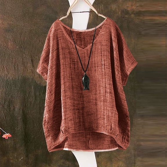 Womens Tops Women's Summer Short Sleeve Solid Casual Loose Linen Top Brown