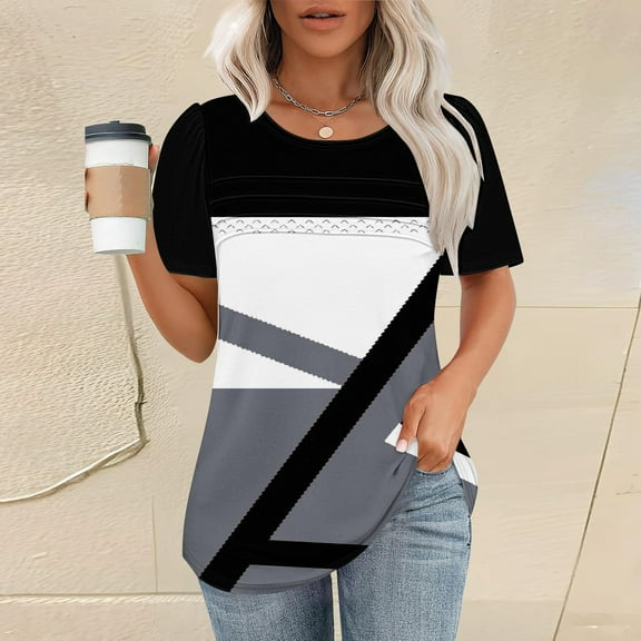 Womens Tops Women's T Shirt Short Sleeve Formal Casual Shirt Spring Summer Clothing Flowing Creases Front Round Neck Shirts for Women