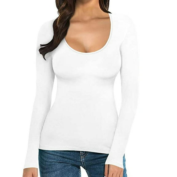 Womens Tops Women's T Shirt Solid Color Low U Neck Slim Bottom Long Sleeved Top