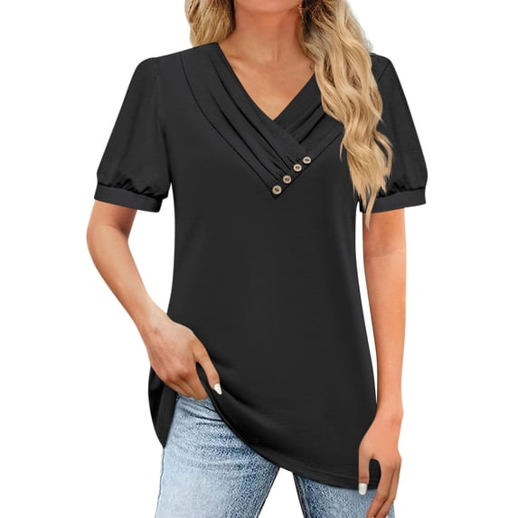 Womens Tops Women's T Shirt Tee Casual V-neck Short-sleeved T-shirt Solid Button Top