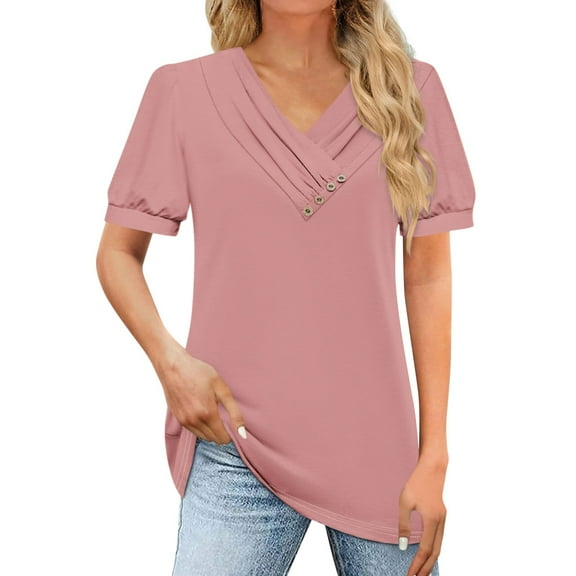 Womens Tops Women's T Shirt Tee Casual V-neck Short-sleeved T-shirt Solid Button Top