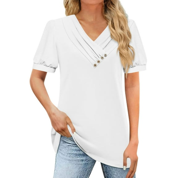 Womens Tops Women's T Shirt Tee Casual V-neck Short-sleeved T-shirt Solid Button Top