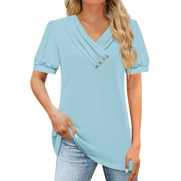 Womens Tops Women's T Shirt Tee Casual V-neck Short-sleeved T-shirt Solid Button Top