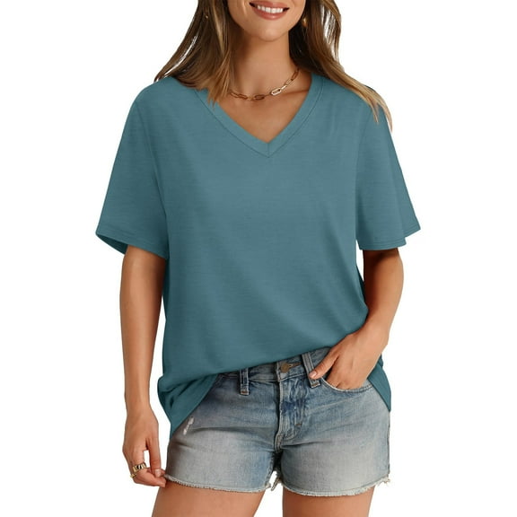 Womens Tops Women's T-Shirt V Neck Short Sleeve Solid Color Casual Loose T-Shirt Top
