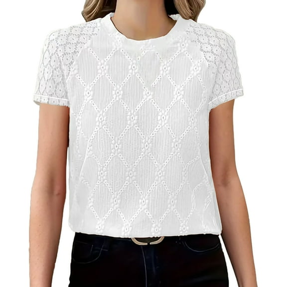 Womens Tops, Women's Tops Casual Scoop Neck Short Sleeve Eyelet Embroidered Hollow Out Blouses Shirts