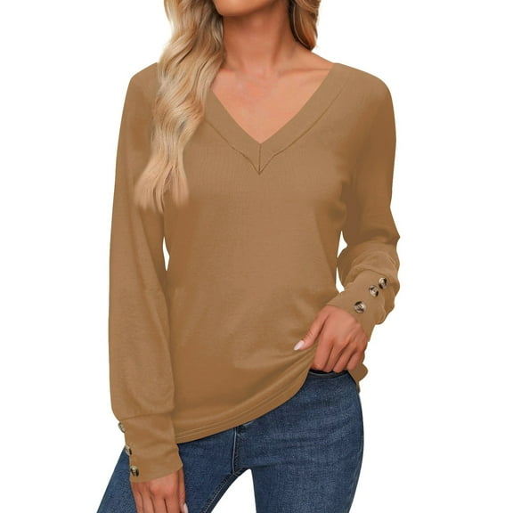 Womens Tops Women's Tops Long Sleeve Cuffs Button-Up Shirt V Neck Casual Loose Tee Autumn Clothing