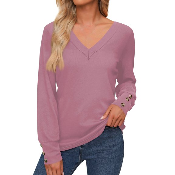 Womens Tops Women's Tops Long Sleeve Cuffs Button-Up Shirt V Neck Casual Loose Tee Autumn Clothing
