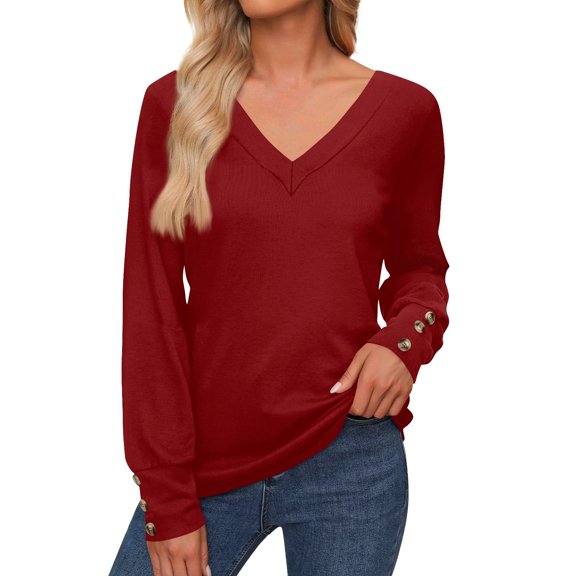 Womens Tops Women's Tops Long Sleeve Cuffs Button-Up Shirt V Neck Casual Loose Tee Autumn Clothing