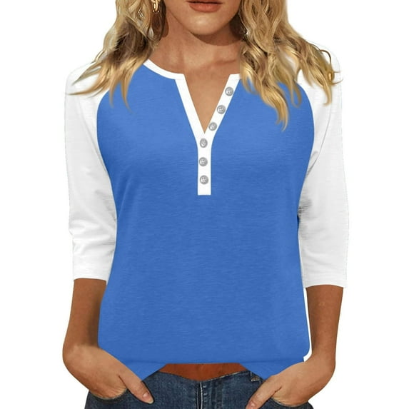 Womens Tops Women's Tops Summer Printed Women's Top 3/4 Sleeves Buttons Blouse Short Sleeve T Shirt V Neck T Shirt
