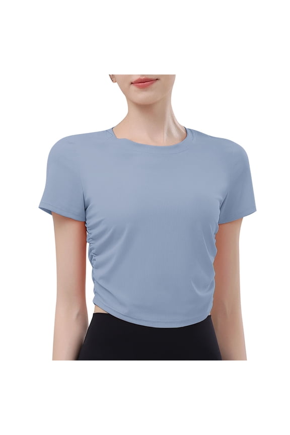 Womens Tops, Women's Workout Shirts Compression Short Sleeve Crew Neck Running Yoga Gym Athletic Fitted Crop T-Shirts Top Blue M
