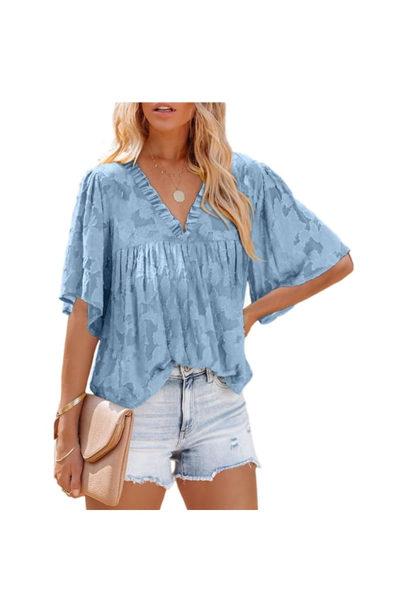 Womens Tops Womens 3/4 Bell Sleeve Blouse Summer Crewneck Lace Tops Floral Textured Shirts Shirts for Women