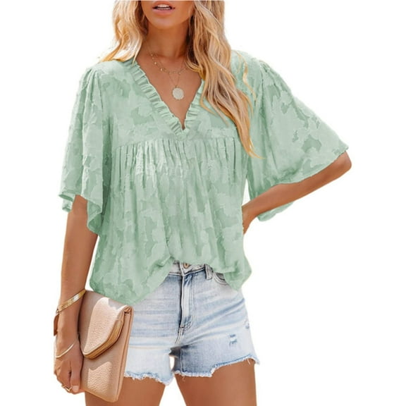 Womens Tops Womens 3/4 Bell Sleeve Blouse Summer Crewneck Lace Tops Floral Textured Shirts Shirts for Women