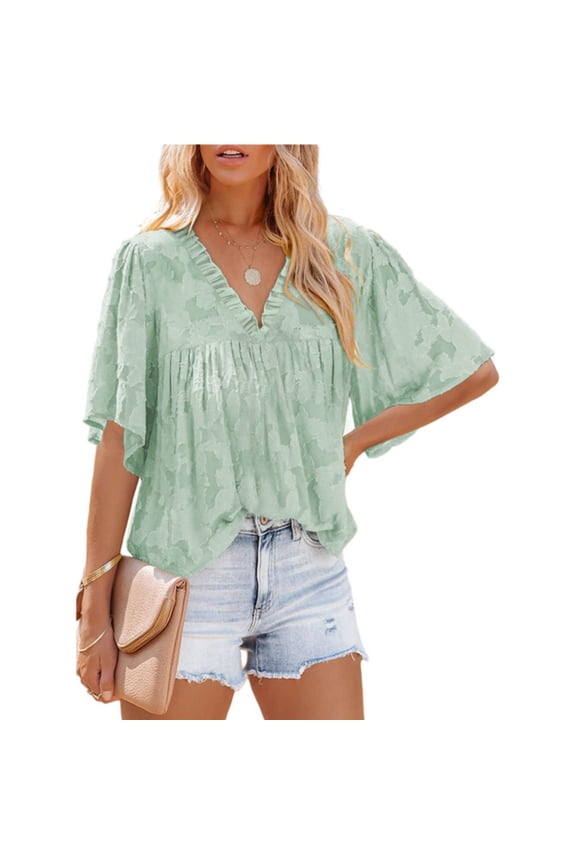 Womens Tops Womens 3/4 Bell Sleeve Blouse Summer Crewneck Lace Tops Floral Textured Shirts Shirts for Women