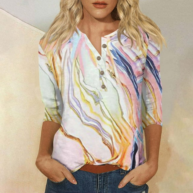 Womens Tops Womens 3/4 Length Sleeve Tops Casual Summer Shirts Loose Fit Three Quarter Length Sleeve Blouses Shirts for Women