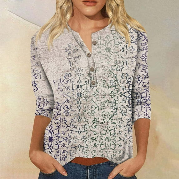 Womens Tops Womens 3/4 Length Sleeve Tops Casual Summer Shirts Loose Fit Three Quarter Length Sleeve Blouses Shirts for Women