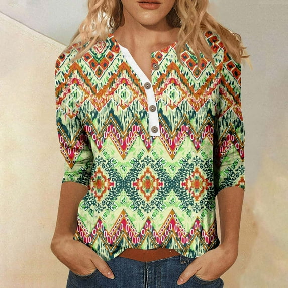 Womens Tops Womens 3/4 Length Sleeve Tops Casual Summer Shirts Loose Fit Three Quarter Length Sleeve Blouses Shirts for Women