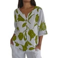 thumbnail image 1 of Womens Tops Womens Cotton Linen Tshirt Tops Summer Casual Loose Fit Blouse Tunic Floral Print Button V Neck Short Sleeve Tops, 1 of 6