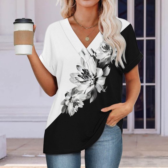 Womens Tops Womens Fashion T Shirts 2025 Short Sleeve Casual V Neck Summer Tops Cute Loose Fit Blouses Graphic Tees Shirts for Women