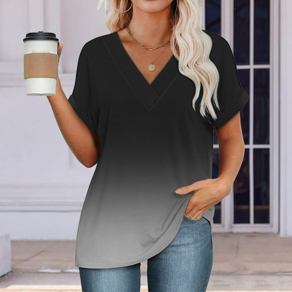 Womens Tops Womens Fashion T Shirts 2025 Short Sleeve Casual V Neck Summer Tops Cute Loose Fit Blouses Graphic Tees Shirts for Women
