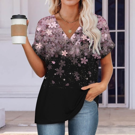 Womens Tops Womens Fashion T Shirts 2025 Short Sleeve Casual V Neck Summer Tops Cute Loose Fit Blouses Graphic Tees Shirts for Women