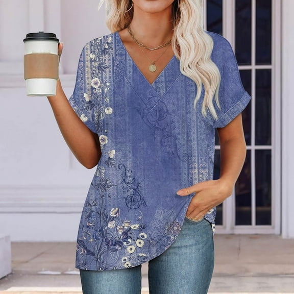 Womens Tops Womens Fashion T Shirts 2025 Short Sleeve Casual V Neck Summer Tops Cute Loose Fit Blouses Graphic Tees Shirts for Women