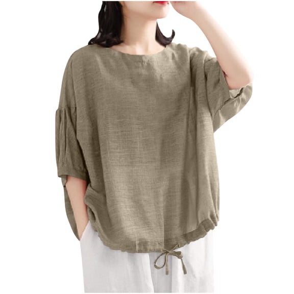 Womens Tops, Womens Linen Elbow Sleeve Tops Summer Vintage Cotton Gauzy Shirts Casual Drawstring Half Sleeves Tunic Peasant Blouse