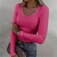 thumbnail image 1 of Womens Tops Womens Long Sleeve V Neck Ribbed Knit Casual Tops Tee Slim Basic Shirt Shirts for Women, 1 of 4
