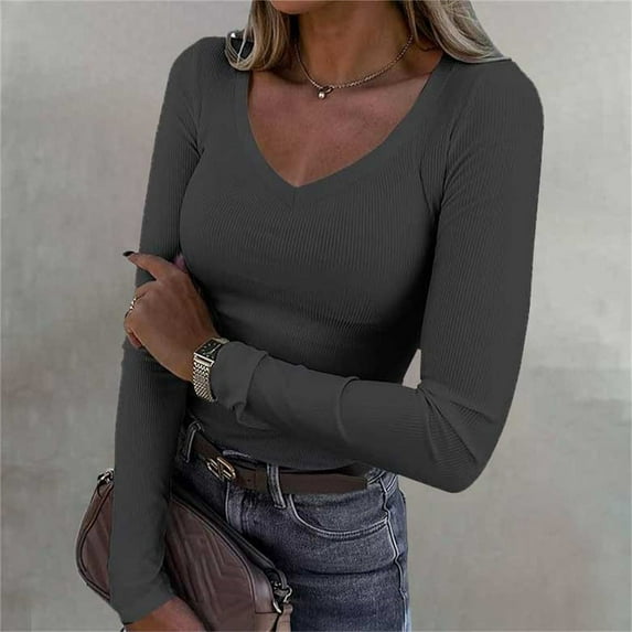 Womens Tops Womens Long Sleeve V Neck Ribbed Knit Casual Tops Tee Slim Basic Shirt Shirts for Women
