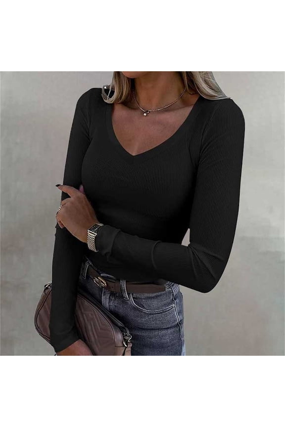 Womens Tops Womens Long Sleeve V Neck Ribbed Knit Casual Tops Tee Slim Basic Shirt Shirts for Women