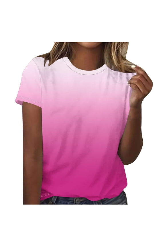 Womens Tops, Womens Ombre Gradient Short Sleeve T Shirt Soft Comfort Casual Crew Neck Tee Shirts Trendy Everyday Style Top 2026 Hot Pink L