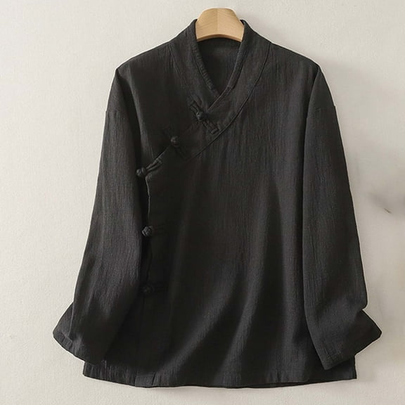 Womens Tops, Womens Retro Chinese Frog Button Tops Flowy Long Sleeve Fairy Tops Casual V Neck Traditional Blouse Loose Linen Shirt