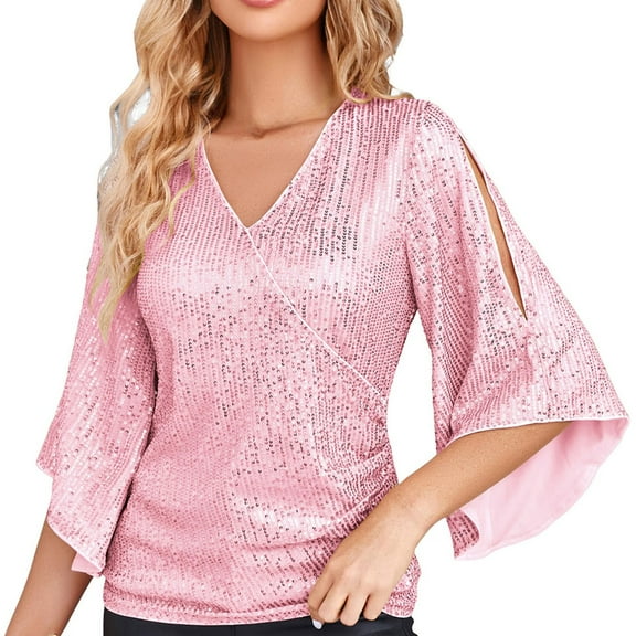 Womens Tops Womens Sequin Tops 3/4 Sleeve Glitter Sparkly Blouse V Neck Tops For Evening