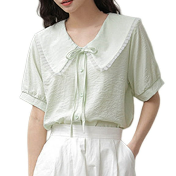 Womens Tops, Womens Short Sleeve Button Down Shirts Cute Tie Front Doll Collar Tops Teens Summer Gauzy Tunic Peasant Blouse