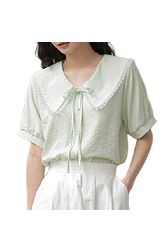 Womens Tops, Womens Short Sleeve Button Down Shirts Cute Tie Front Doll Collar Tops Teens Summer Gauzy Tunic Peasant Blouse
