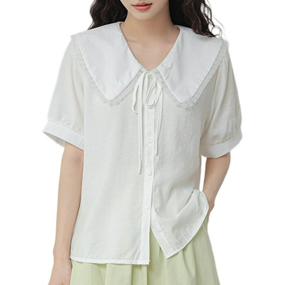 Womens Tops, Womens Short Sleeve Button Down Shirts Cute Tie Front Doll Collar Tops Teens Summer Gauzy Tunic Peasant Blouse